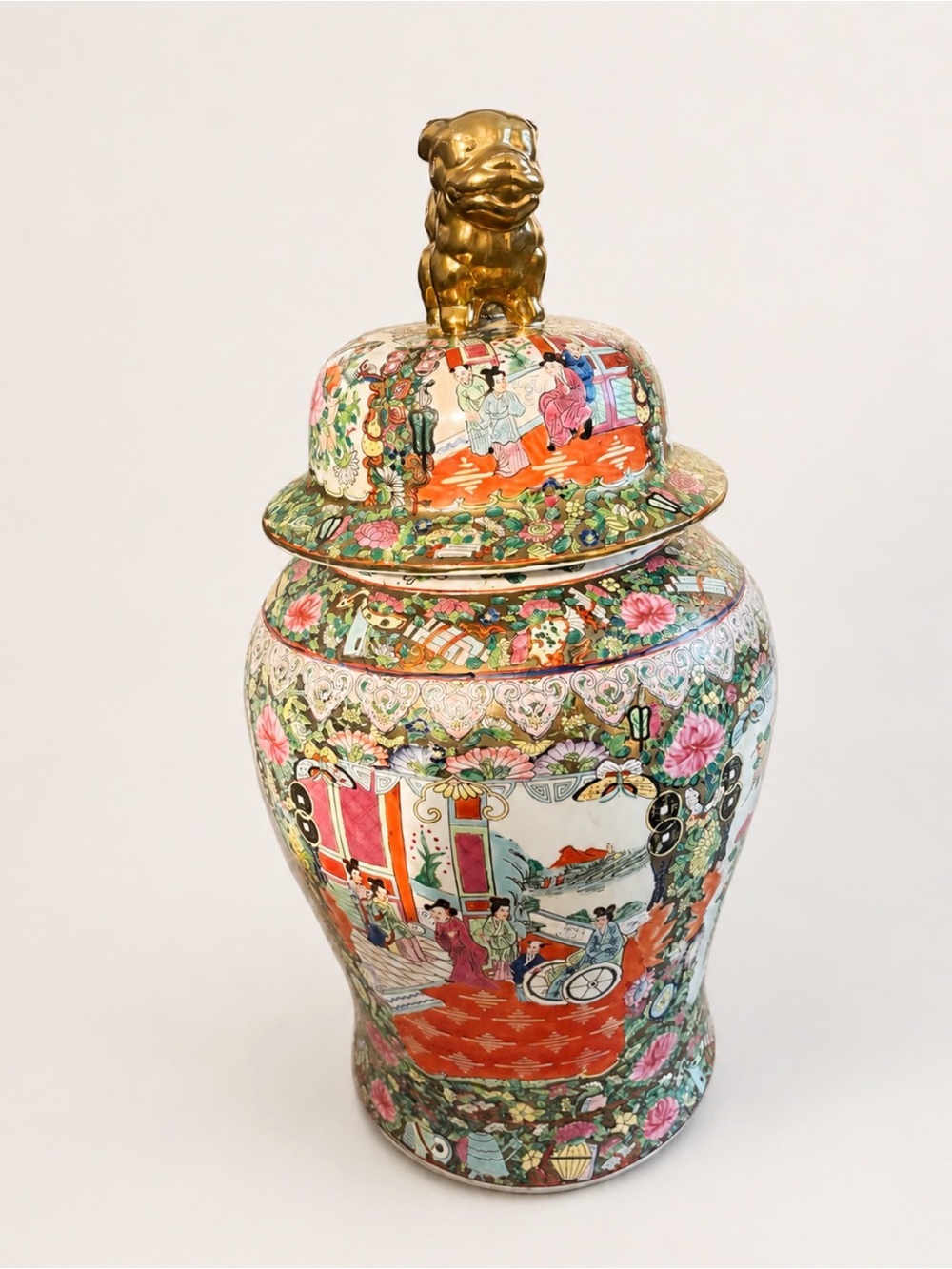 Antique Vintage Floral Asian Porcelain Lidded Vase with Gold Foo Dog Finial